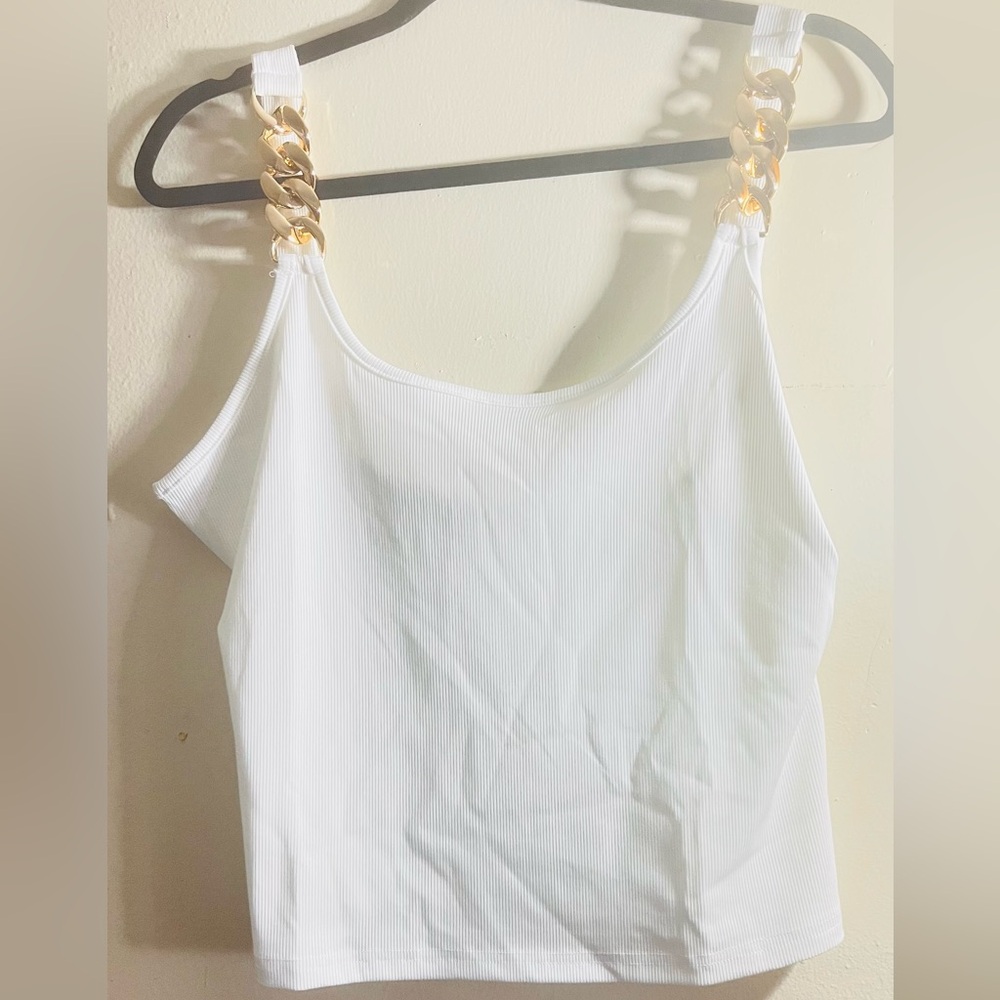 White Ribbed Tank Top with Chain Straps